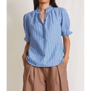 Apiece Apart Los Altos Top Blue Seersucker Stripe Puff Sleeve Henley